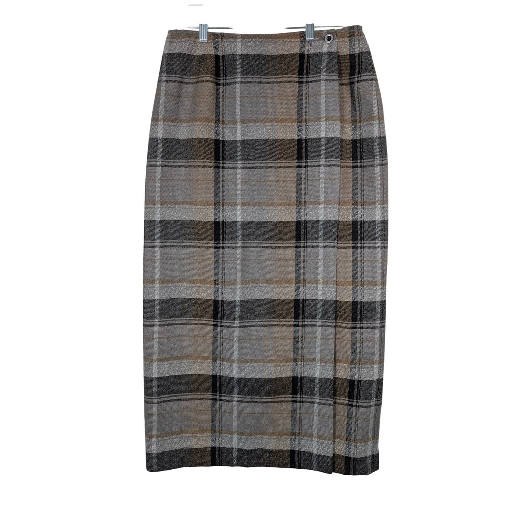 Cato Plaid Faux Wrap Midi Skirt 10 Gray Brown‎ Pencil Skirt